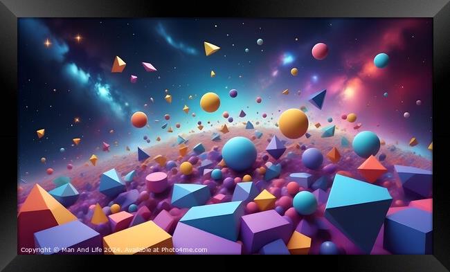 Colorful 3D geometric shapes floating in a vibrant cosmic space with stars. Framed Print by Man And Life