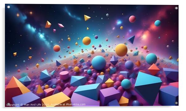 Colorful 3D geometric shapes floating in a vibrant cosmic space with stars. Acrylic by Man And Life