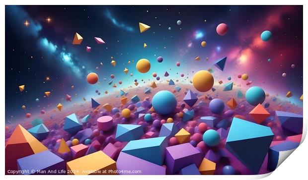 Colorful 3D geometric shapes floating in a vibrant cosmic space with stars. Print by Man And Life