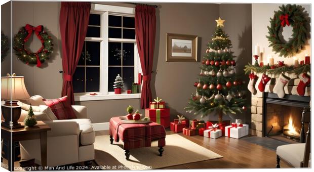 Cozy living room decorated for Christmas with tree, gifts, and fireplace. Canvas Print by Man And Life