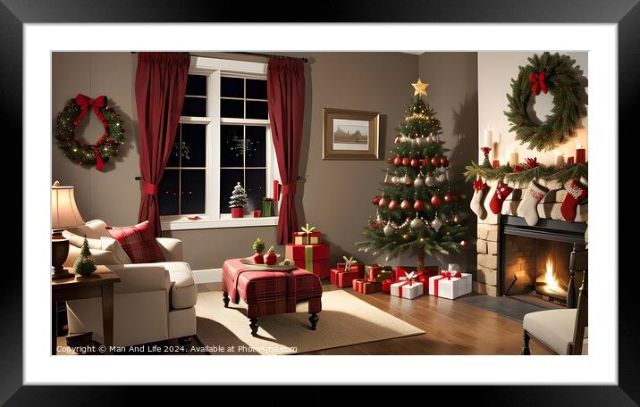 Cozy living room decorated for Christmas with tree, gifts, and fireplace. Framed Mounted Print by Man And Life
