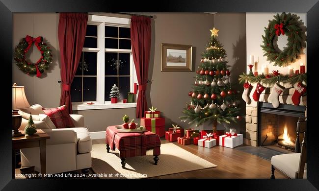 Cozy living room decorated for Christmas with tree, gifts, and fireplace. Framed Print by Man And Life