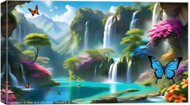 Enchanted forest landscape with waterfalls, lake, and colorful butterflies, ideal for fantasy backgrounds. Canvas Print by Man And Life