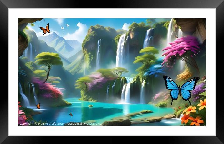 Enchanted forest landscape with waterfalls, lake, and colorful butterflies, ideal for fantasy backgrounds. Framed Mounted Print by Man And Life