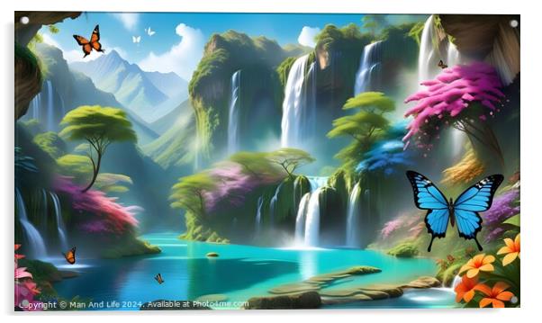 Enchanted forest landscape with waterfalls, lake, and colorful butterflies, ideal for fantasy backgrounds. Acrylic by Man And Life