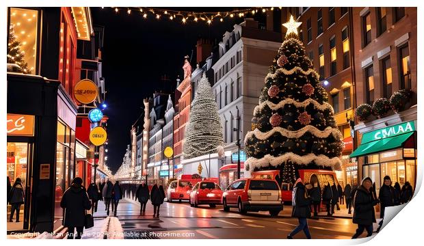 Festive city street with Christmas tree, holiday lights, and pedestrians at night. Print by Man And Life