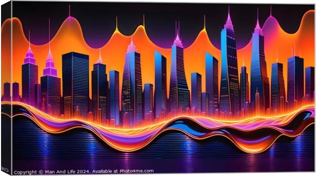 Futuristic city skyline with vibrant neon waves, digital art concept. Canvas Print by Man And Life