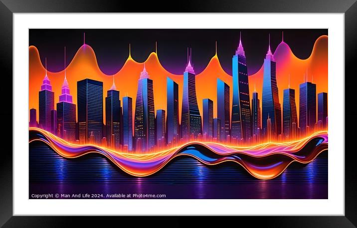 Futuristic city skyline with vibrant neon waves, digital art concept. Framed Mounted Print by Man And Life