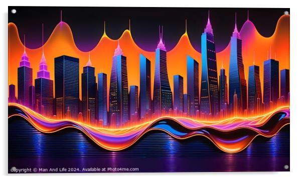 Futuristic city skyline with vibrant neon waves, digital art concept. Acrylic by Man And Life