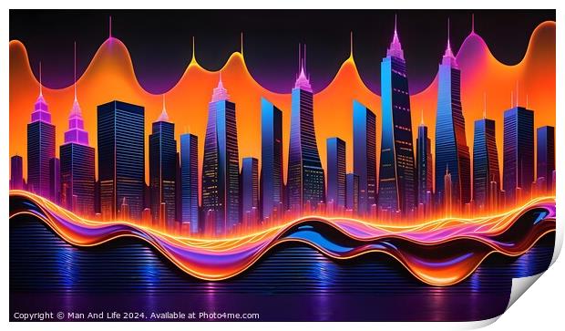 Futuristic city skyline with vibrant neon waves, digital art concept. Print by Man And Life