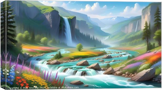 Idyllic landscape with cascading river, waterfalls, and colorful flora under a serene sky. Perfect for fantasy or nature themes. Canvas Print by Man And Life