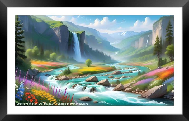 Idyllic landscape with cascading river, waterfalls, and colorful flora under a serene sky. Perfect for fantasy or nature themes. Framed Mounted Print by Man And Life