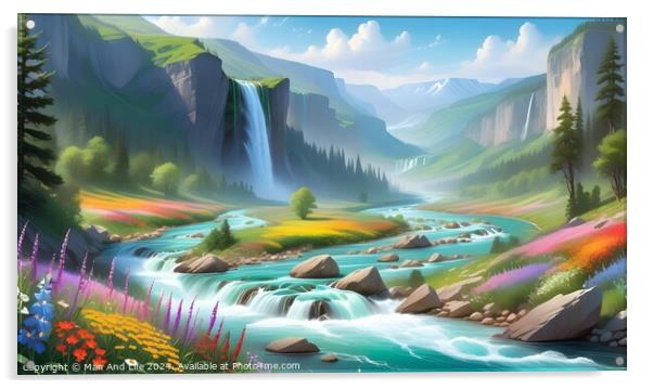 Idyllic landscape with cascading river, waterfalls, and colorful flora under a serene sky. Perfect for fantasy or nature themes. Acrylic by Man And Life