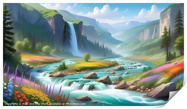 Idyllic landscape with cascading river, waterfalls, and colorful flora under a serene sky. Perfect for fantasy or nature themes. Print by Man And Life