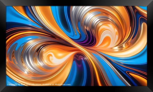 Abstract swirl background with vibrant blue and orange colors in a dynamic wave pattern. Framed Print by Man And Life
