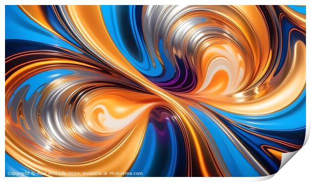 Abstract swirl background with vibrant blue and orange colors in a dynamic wave pattern. Print by Man And Life