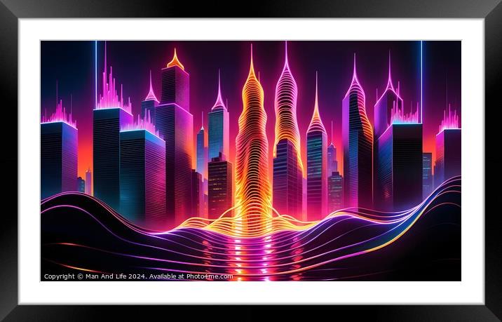 Futuristic city skyline with neon lights and digital wave patterns, concept art for cyberpunk and technology. Framed Mounted Print by Man And Life