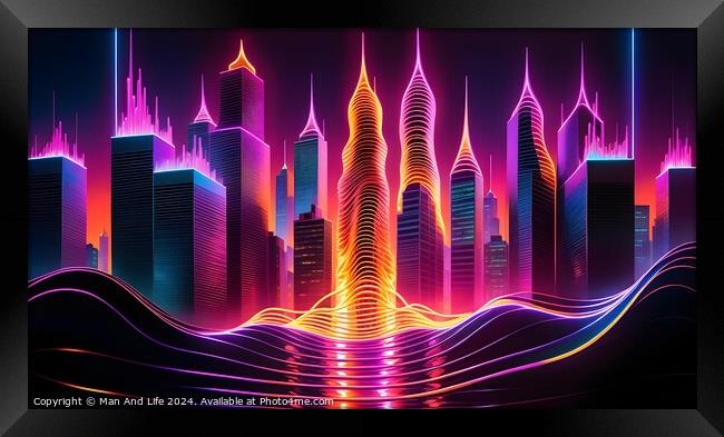 Futuristic city skyline with neon lights and digital wave patterns, concept art for cyberpunk and technology. Framed Print by Man And Life