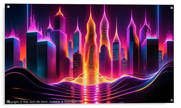 Futuristic city skyline with neon lights and digital wave patterns, concept art for cyberpunk and technology. Acrylic by Man And Life