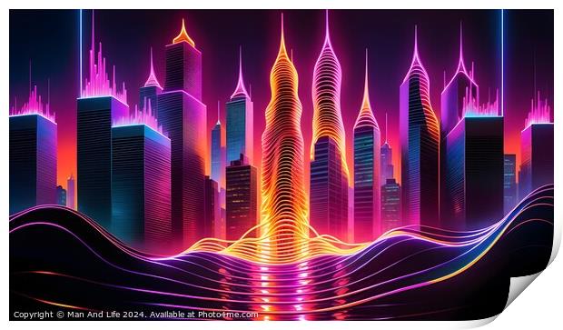 Futuristic city skyline with neon lights and digital wave patterns, concept art for cyberpunk and technology. Print by Man And Life