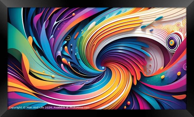 Vibrant abstract swirls with a colorful palette, featuring a dynamic wave pattern and intricate details, ideal for backgrounds or creative designs. Framed Print by Man And Life