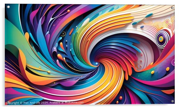 Vibrant abstract swirls with a colorful palette, featuring a dynamic wave pattern and intricate details, ideal for backgrounds or creative designs. Acrylic by Man And Life