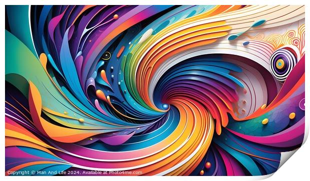 Vibrant abstract swirls with a colorful palette, featuring a dynamic wave pattern and intricate details, ideal for backgrounds or creative designs. Print by Man And Life