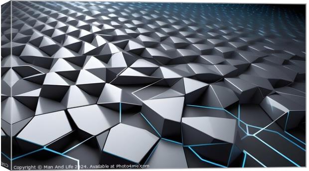 Abstract geometric background with a pattern of 3D hexagons in shades of black and gray with subtle blue highlights. Canvas Print by Man And Life
