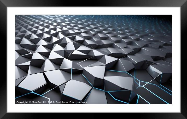 Abstract geometric background with a pattern of 3D hexagons in shades of black and gray with subtle blue highlights. Framed Mounted Print by Man And Life