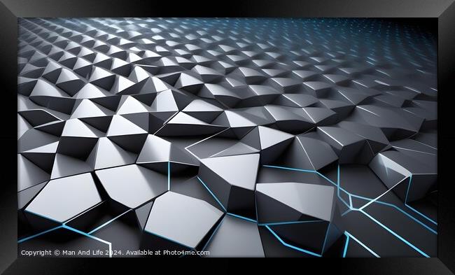 Abstract geometric background with a pattern of 3D hexagons in shades of black and gray with subtle blue highlights. Framed Print by Man And Life