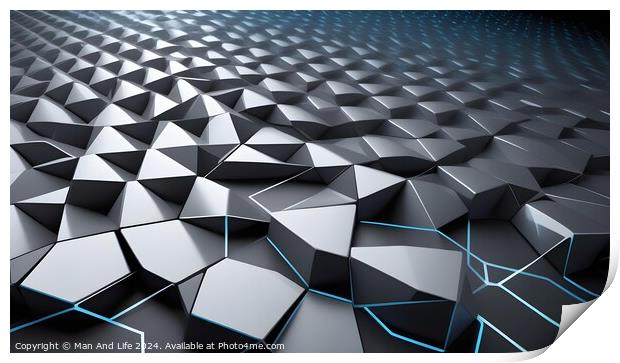 Abstract geometric background with a pattern of 3D hexagons in shades of black and gray with subtle blue highlights. Print by Man And Life