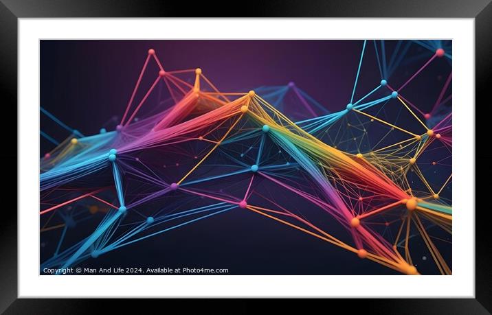 Colorful digital network connections with nodes and lines on a dark background, representing a concept of technology and connectivity. Framed Mounted Print by Man And Life