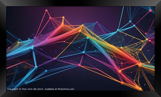 Colorful digital network connections with nodes and lines on a dark background, representing a concept of technology and connectivity. Framed Print by Man And Life