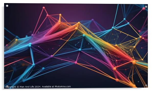 Colorful digital network connections with nodes and lines on a dark background, representing a concept of technology and connectivity. Acrylic by Man And Life