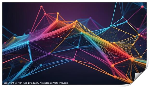 Colorful digital network connections with nodes and lines on a dark background, representing a concept of technology and connectivity. Print by Man And Life