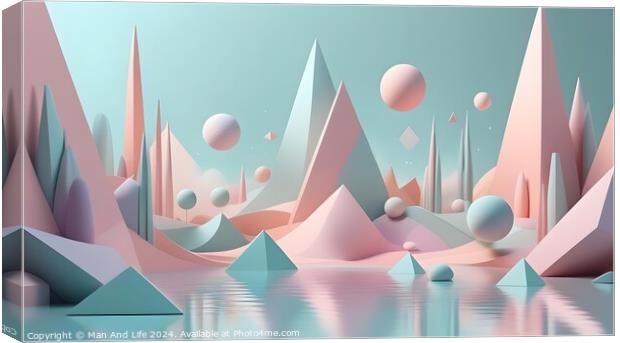 Surreal pastel landscape with geometric shapes, reflective water, and floating spheres in a dreamy setting. Canvas Print by Man And Life