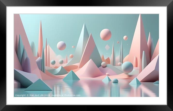 Surreal pastel landscape with geometric shapes, reflective water, and floating spheres in a dreamy setting. Framed Mounted Print by Man And Life