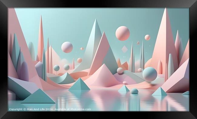 Surreal pastel landscape with geometric shapes, reflective water, and floating spheres in a dreamy setting. Framed Print by Man And Life