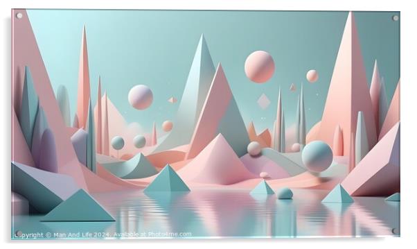 Surreal pastel landscape with geometric shapes, reflective water, and floating spheres in a dreamy setting. Acrylic by Man And Life