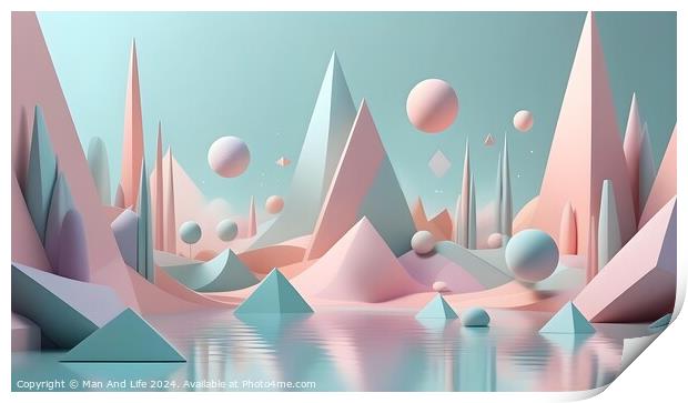 Surreal pastel landscape with geometric shapes, reflective water, and floating spheres in a dreamy setting. Print by Man And Life