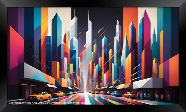 Colorful abstract cityscape with geometric buildings and bustling street life. Framed Print by Man And Life