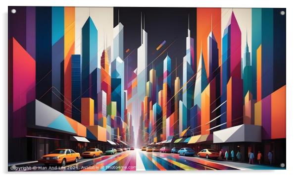 Colorful abstract cityscape with geometric buildings and bustling street life. Acrylic by Man And Life