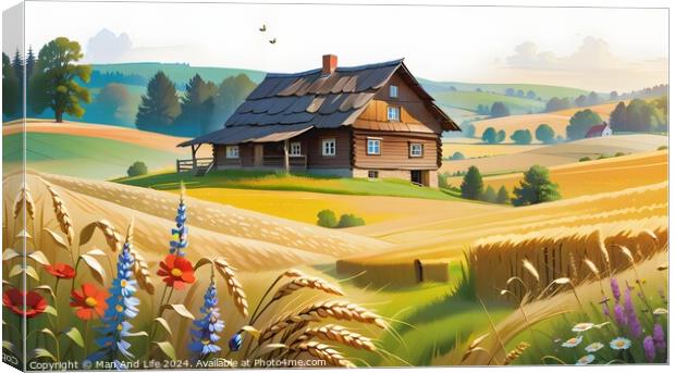 Idyllic countryside landscape with a wooden house, rolling hills, and colorful flowers in the foreground. Canvas Print by Man And Life