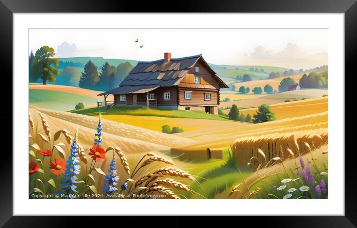 Idyllic countryside landscape with a wooden house, rolling hills, and colorful flowers in the foreground. Framed Mounted Print by Man And Life