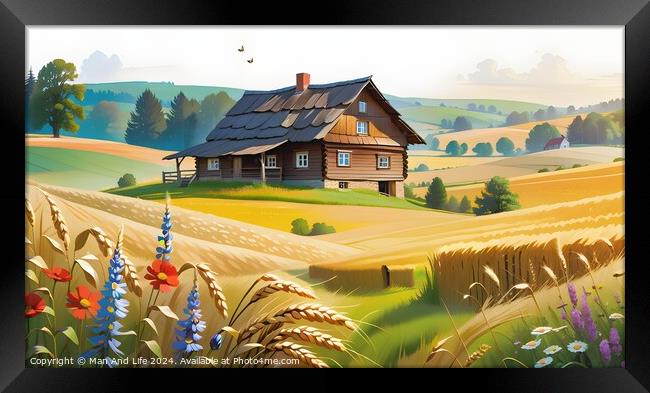 Idyllic countryside landscape with a wooden house, rolling hills, and colorful flowers in the foreground. Framed Print by Man And Life