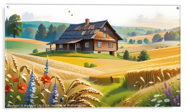 Idyllic countryside landscape with a wooden house, rolling hills, and colorful flowers in the foreground. Acrylic by Man And Life
