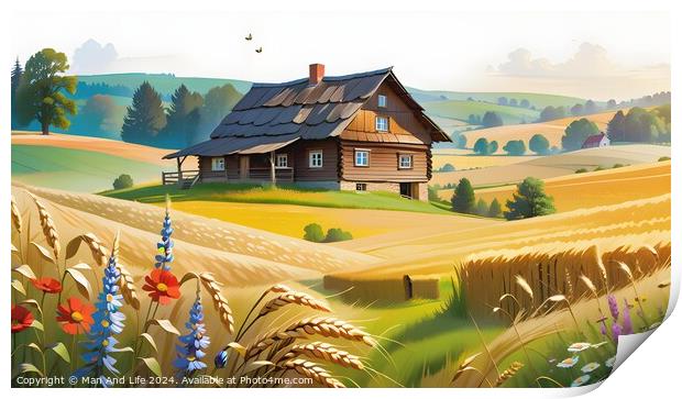 Idyllic countryside landscape with a wooden house, rolling hills, and colorful flowers in the foreground. Print by Man And Life