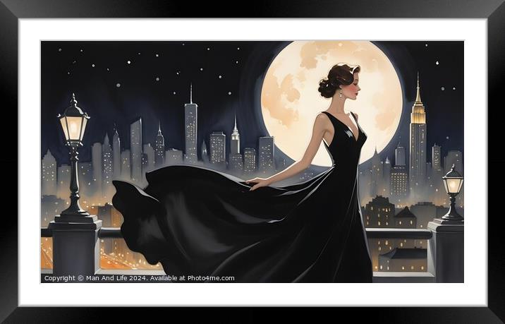 Elegant woman in vintage dress against city skyline and full moon, evoking romantic, retro atmosphere. Framed Mounted Print by Man And Life