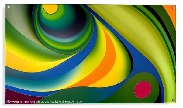 Abstract colorful waves pattern with a vibrant palette of green, yellow, blue, and red, ideal for backgrounds and graphic design. Acrylic by Man And Life