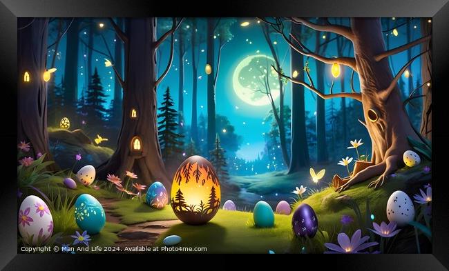 Enchanted forest at night with glowing eggs and magical lights, suitable for fantasy themes. Framed Print by Man And Life